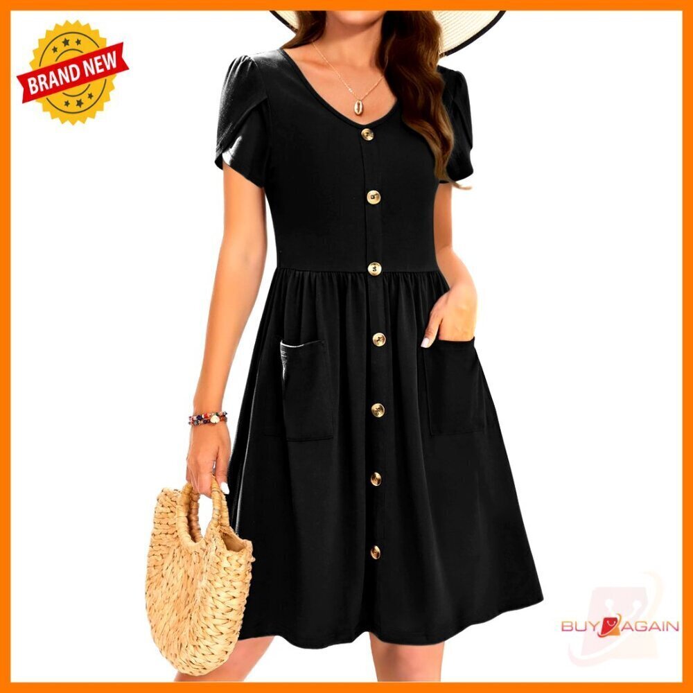 Floral Pleated V-Neck Swing Dress Petal Sleeves Pockets Casual Summer Wear